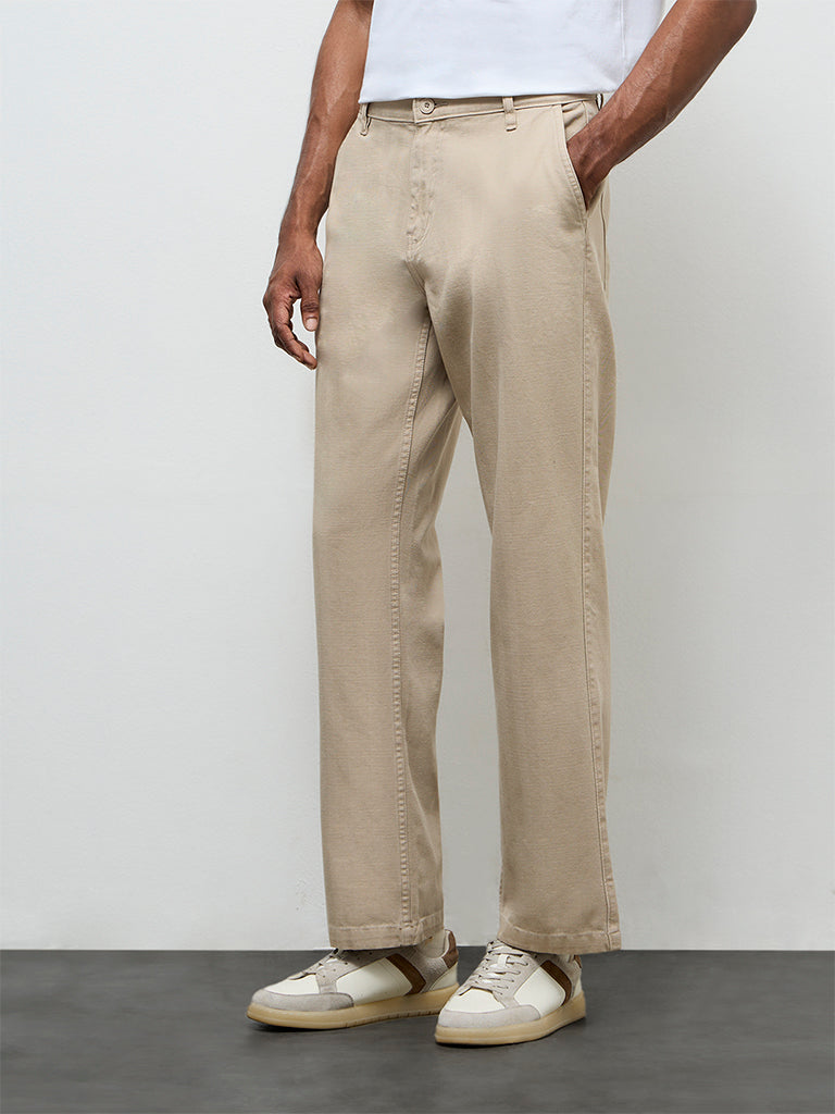 WES Casuals Beige Relaxed-Fit Mid-Rise Cotton Trousers
