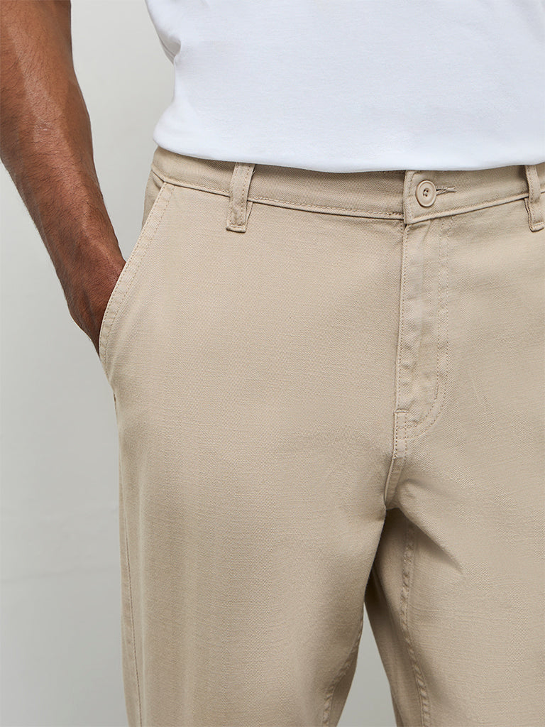 WES Casuals Beige Relaxed-Fit Mid-Rise Cotton Trousers