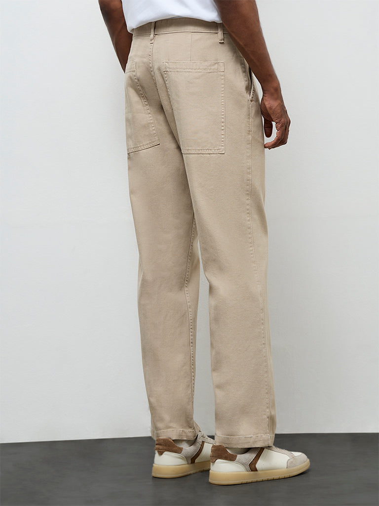 WES Casuals Beige Relaxed-Fit Mid-Rise Cotton Trousers