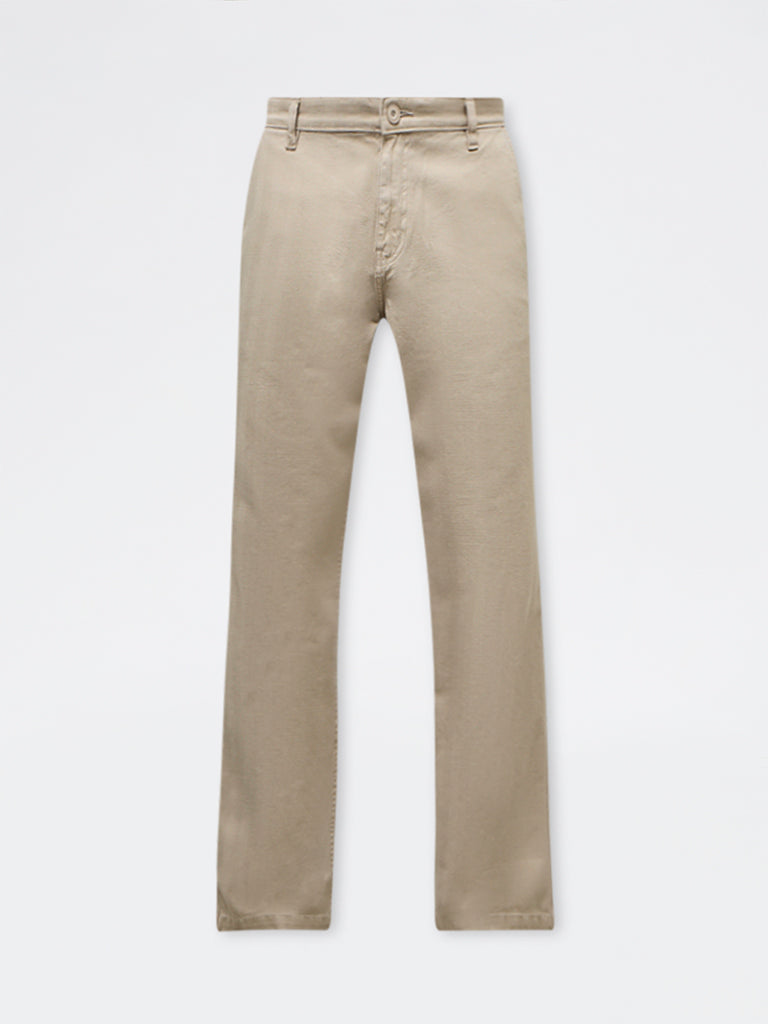 WES Casuals Beige Relaxed-Fit Mid-Rise Cotton Trousers