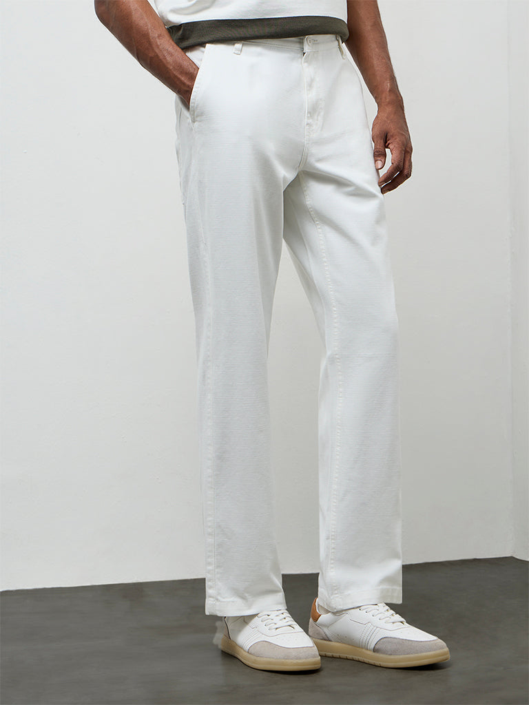 WES Casuals White Relaxed-Fit Mid-Rise Cotton Trousers