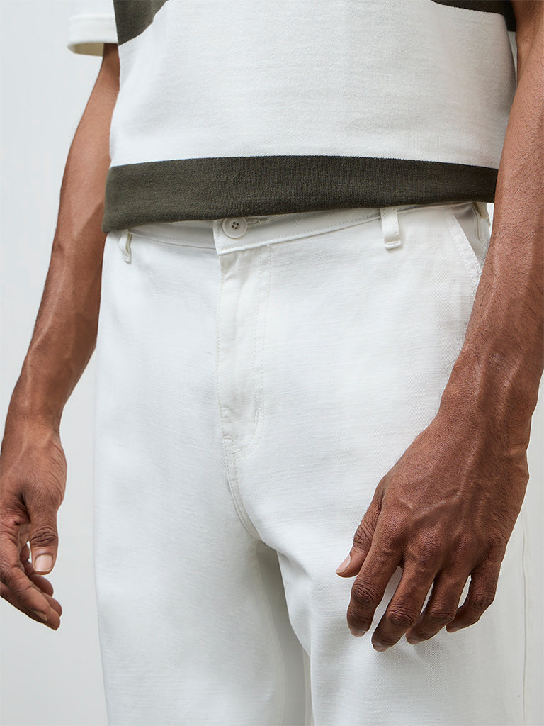 WES Casuals White Relaxed-Fit Mid-Rise Cotton Trousers