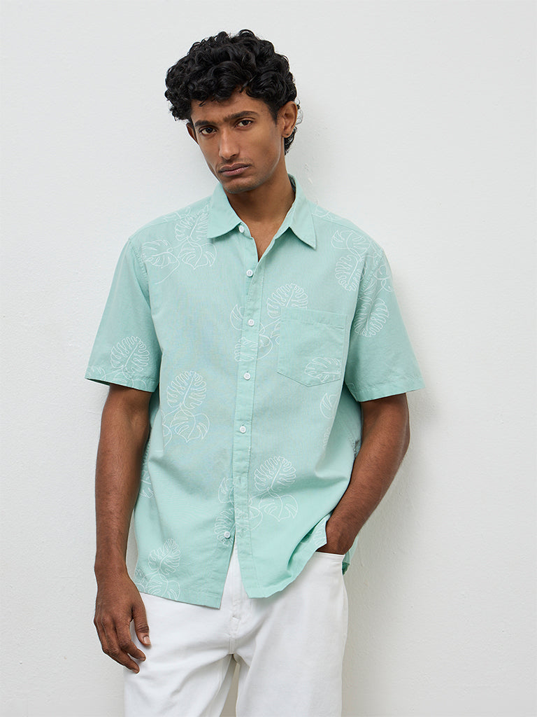 WES Casuals Aqua Printed Relaxed-Fit Cotton-Blend Shirt