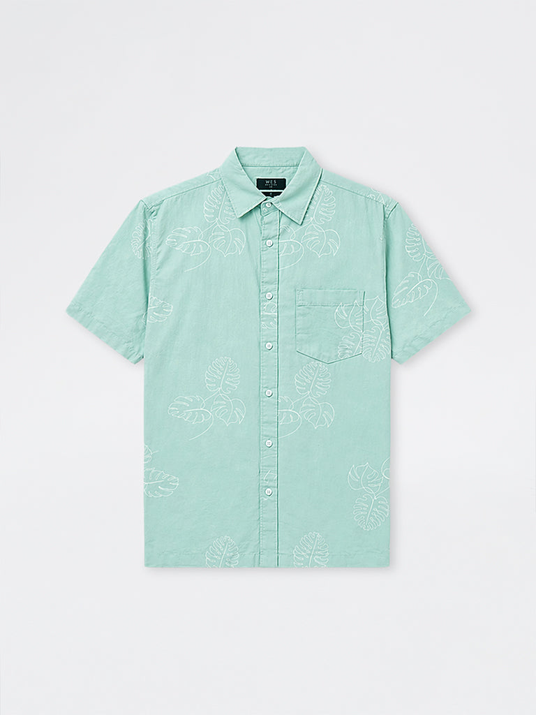WES Casuals Aqua Printed Relaxed-Fit Cotton-Blend Shirt