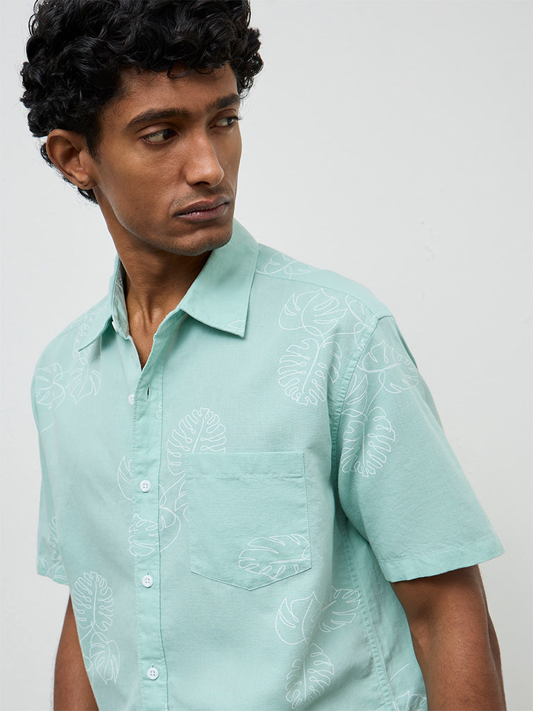 WES Casuals Aqua Printed Relaxed-Fit Cotton-Blend Shirt