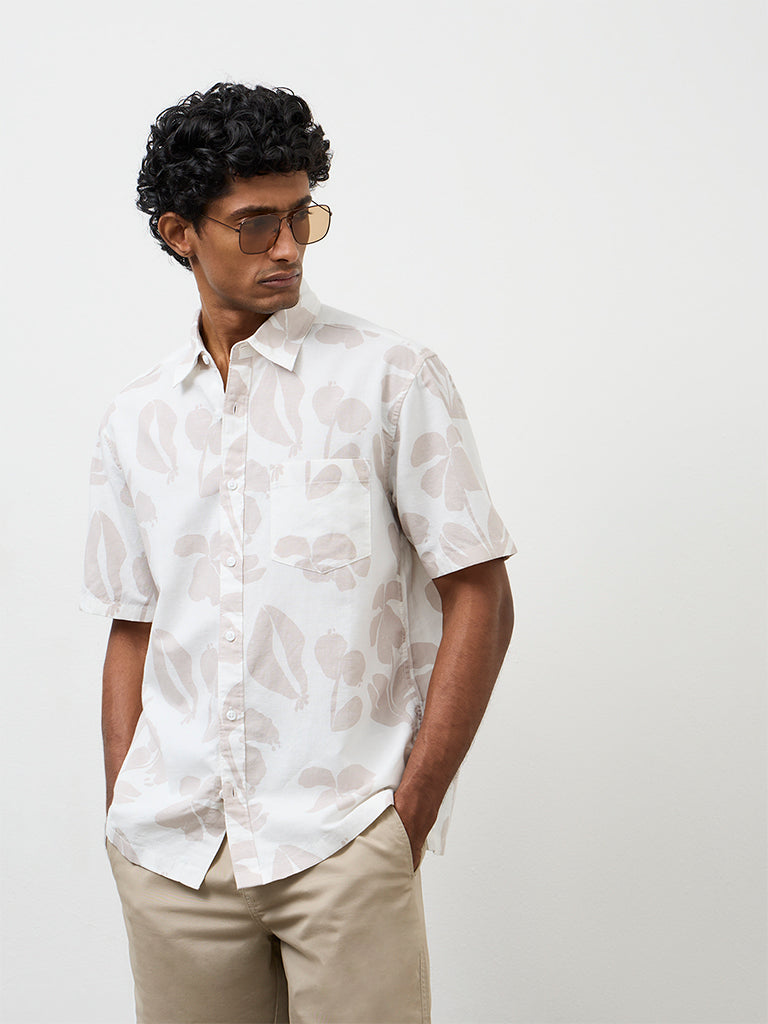 WES Casuals Taupe Botanical-Printed Cotton-Blend Relaxed-Fit Shirt
