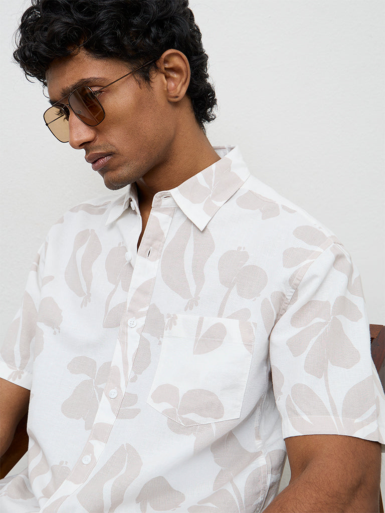 WES Casuals Taupe Botanical-Printed Cotton-Blend Relaxed-Fit Shirt
