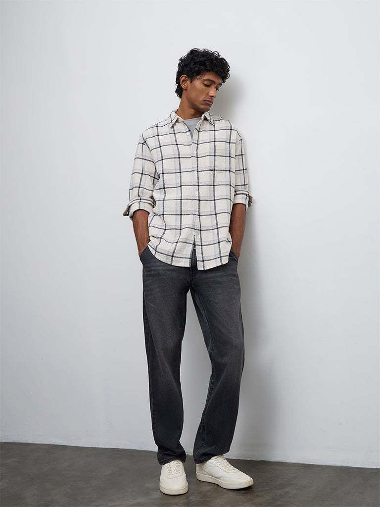 WES Casuals Off-White Checkered Relaxed-Fit Cotton Shirt