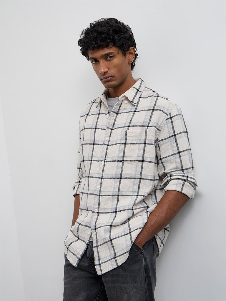WES Casuals Off-White Checkered Relaxed-Fit Cotton Shirt