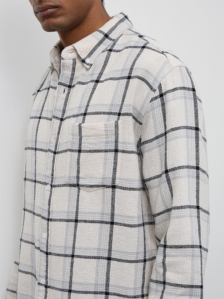 WES Casuals Off-White Checkered Relaxed-Fit Cotton Shirt