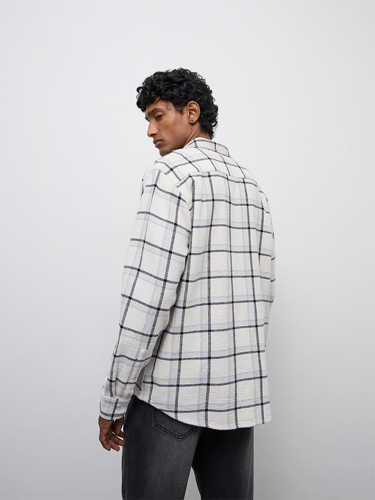 WES Casuals Off-White Checkered Relaxed-Fit Cotton Shirt