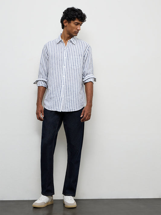 WES Casuals Blue Striped Relaxed-Fit Cotton-Blend Shirt