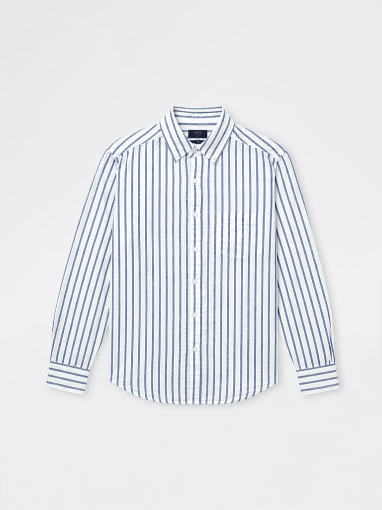 WES Casuals Blue Striped Relaxed-Fit Cotton-Blend Shirt
