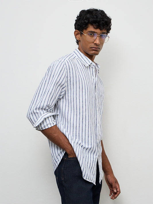 WES Casuals Blue Striped Relaxed-Fit Cotton-Blend Shirt