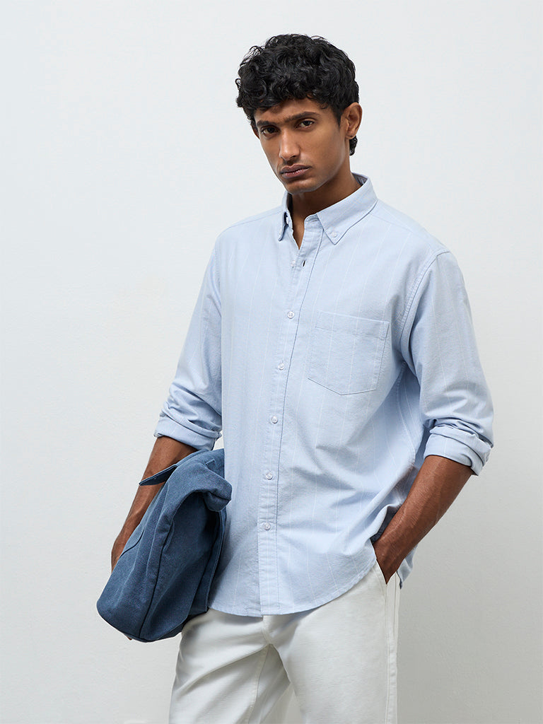 WES Casuals Light Blue Striped Relaxed Fit Cotton Shirt