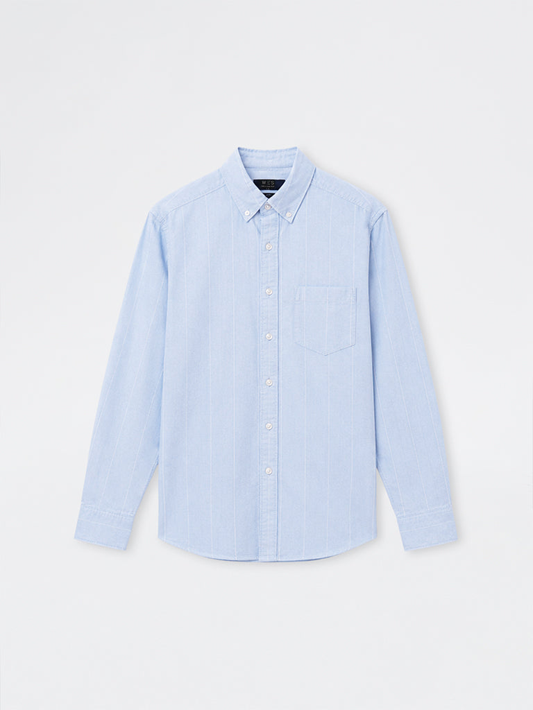 WES Casuals Light Blue Striped Relaxed Fit Cotton Shirt