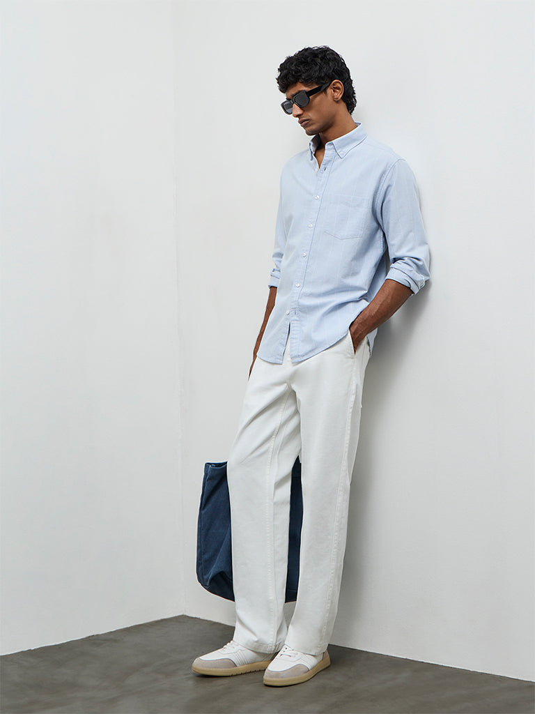 WES Casuals Light Blue Striped Relaxed Fit Cotton Shirt