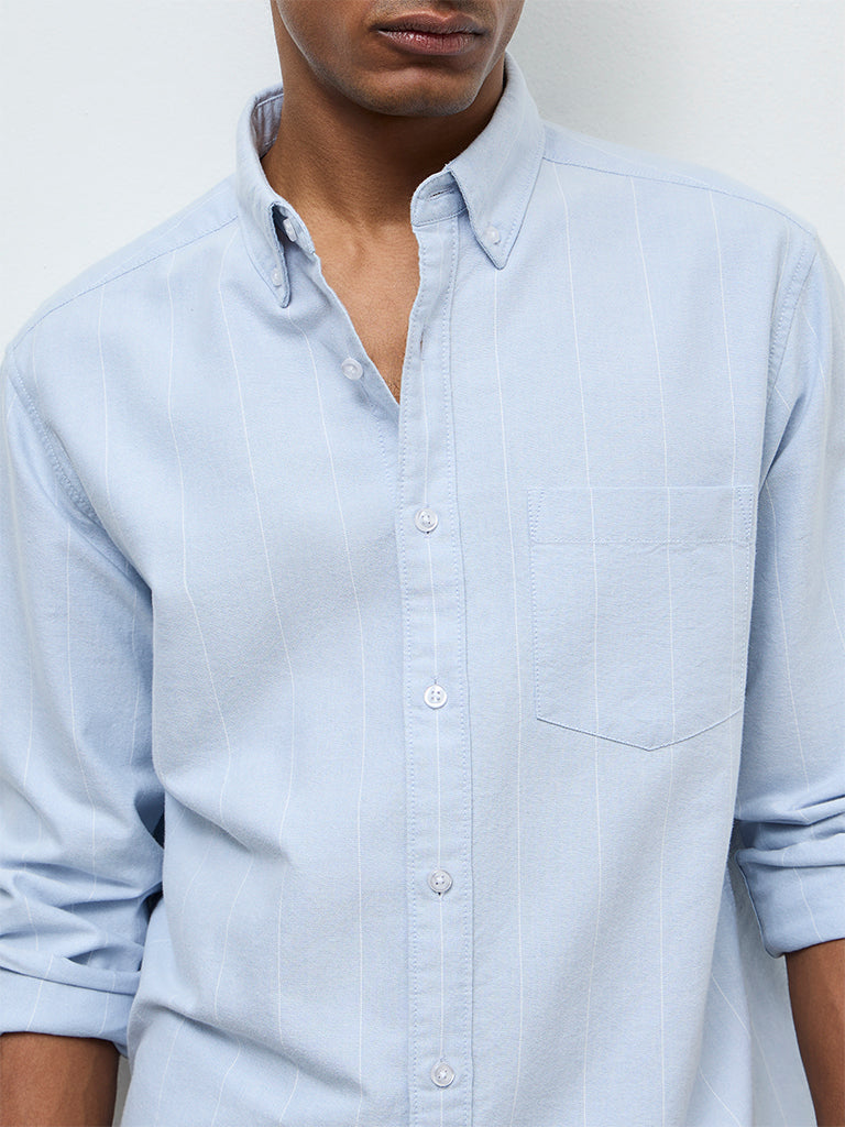 WES Casuals Light Blue Striped Relaxed Fit Cotton Shirt