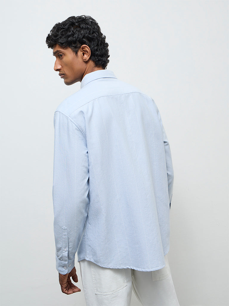 WES Casuals Light Blue Striped Relaxed Fit Cotton Shirt