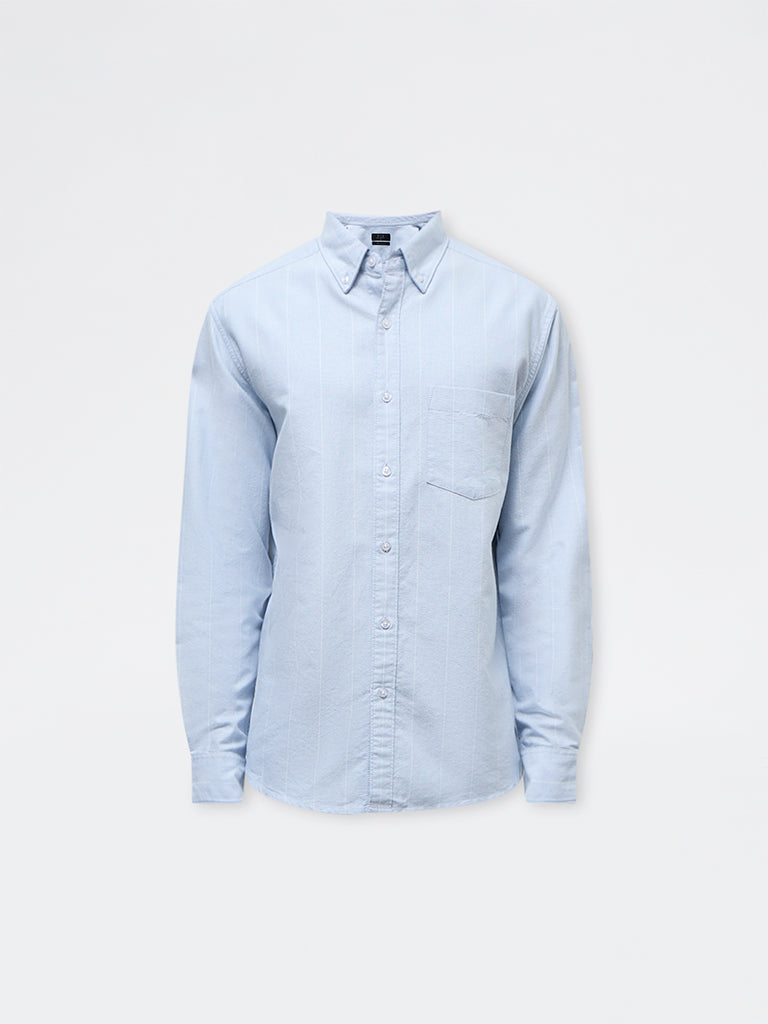 WES Casuals Light Blue Striped Relaxed Fit Cotton Shirt