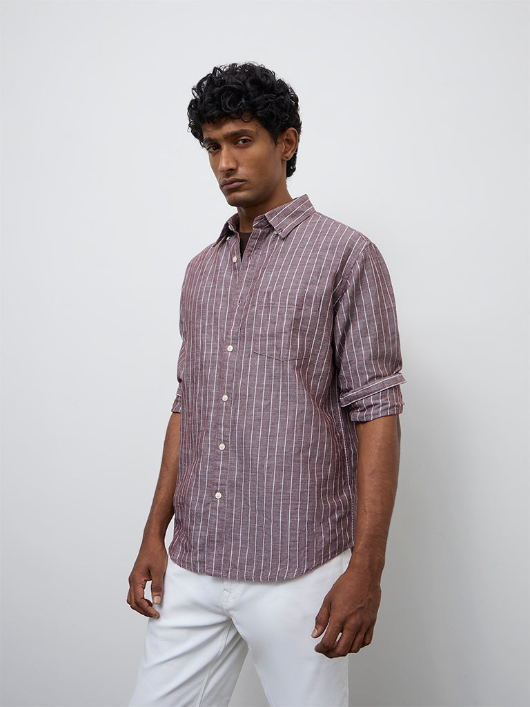 WES Casuals Brown Striped Relaxed-Fit Cotton-Blend Shirt