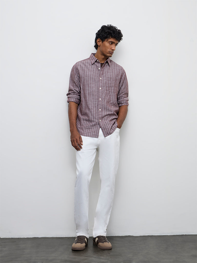 WES Casuals Brown Striped Relaxed-Fit Cotton-Blend Shirt