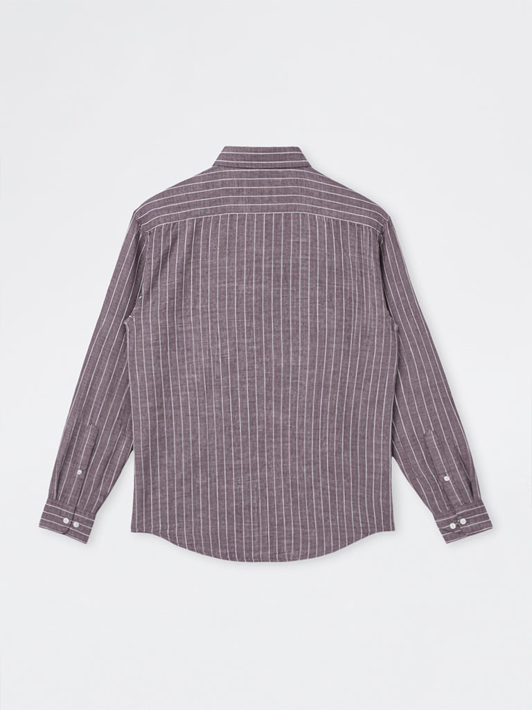 WES Casuals Brown Striped Relaxed-Fit Cotton-Blend Shirt