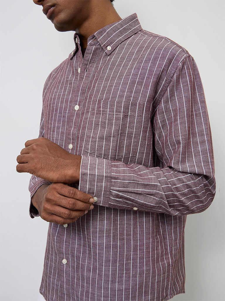 WES Casuals Brown Striped Relaxed-Fit Cotton-Blend Shirt