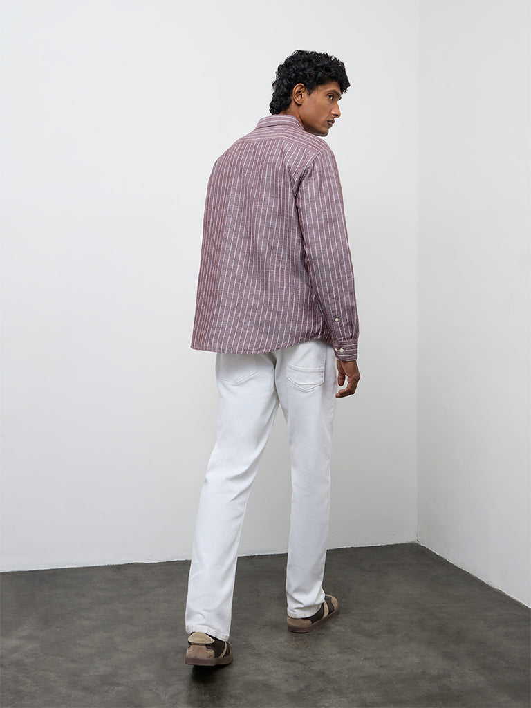 WES Casuals Brown Striped Relaxed-Fit Cotton-Blend Shirt