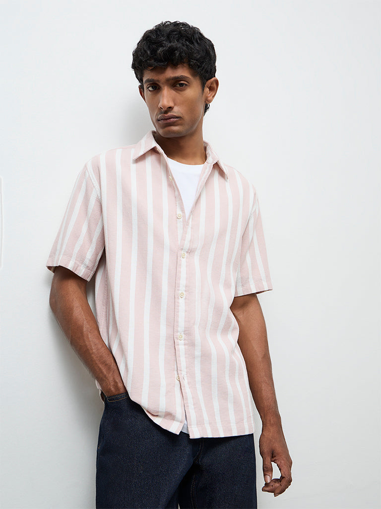 WES Casuals Light Pink Striped Relaxed-Fit Cotton Shirt