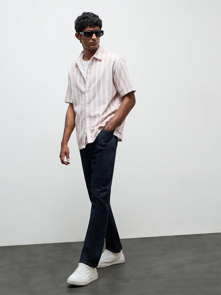 WES Casuals Light Pink Striped Relaxed-Fit Cotton Shirt