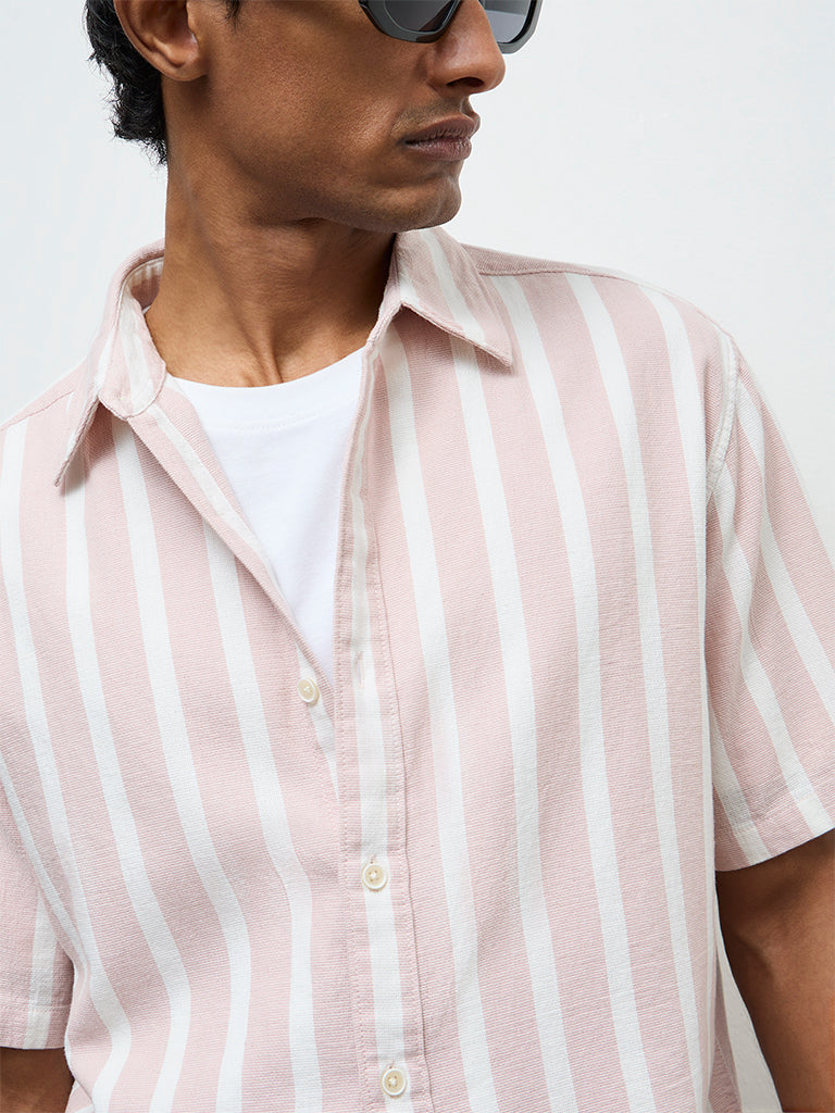 WES Casuals Light Pink Striped Relaxed-Fit Cotton Shirt
