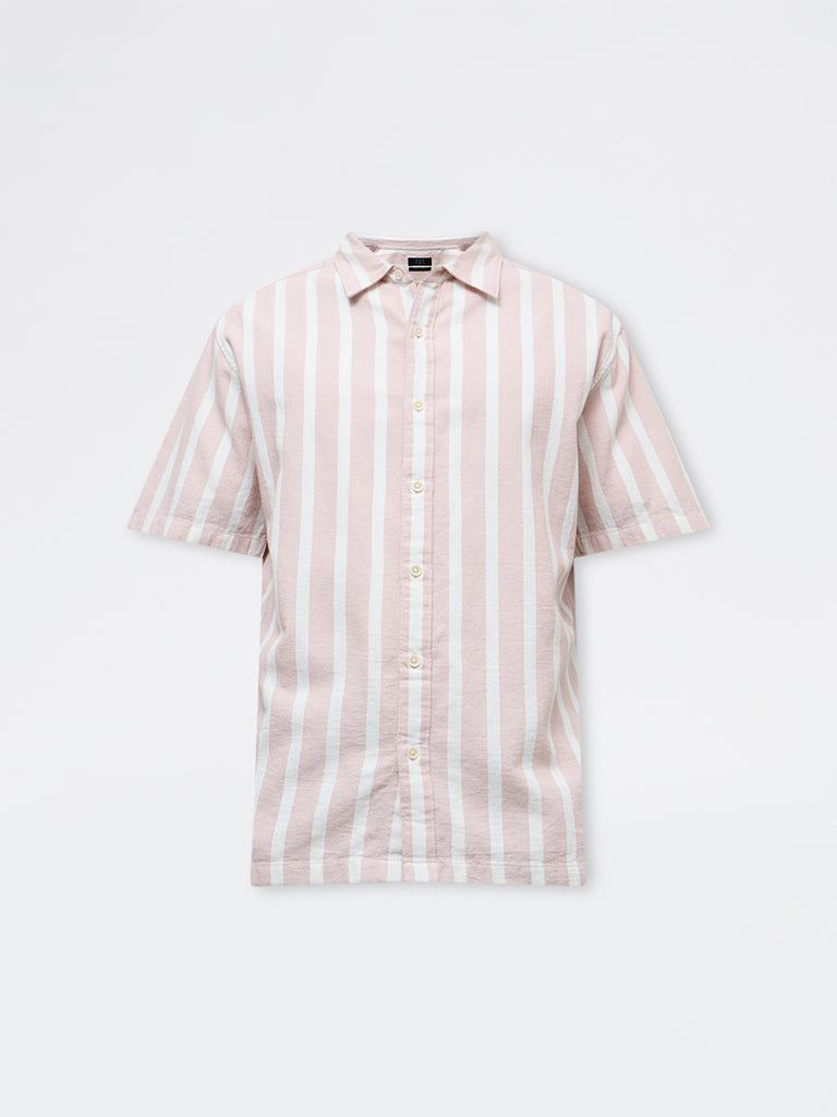 WES Casuals Light Pink Striped Relaxed-Fit Cotton Shirt