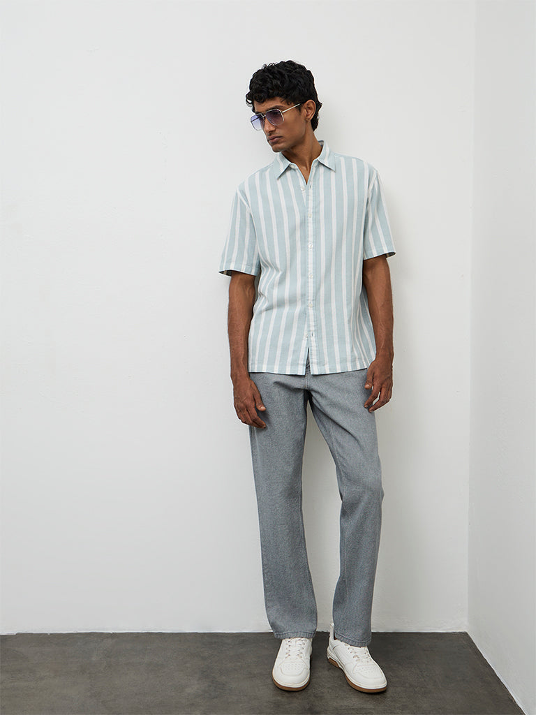 WES Casuals Light Teal Striped Relaxed-Fit Cotton Shirt