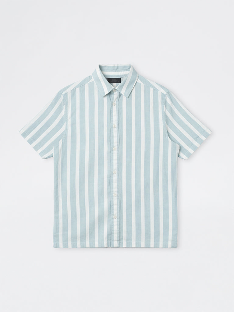 WES Casuals Light Teal Striped Relaxed-Fit Cotton Shirt