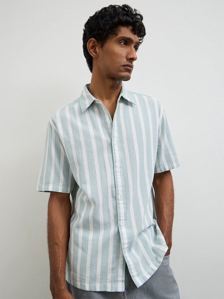 WES Casuals Light Teal Striped Relaxed-Fit Cotton Shirt