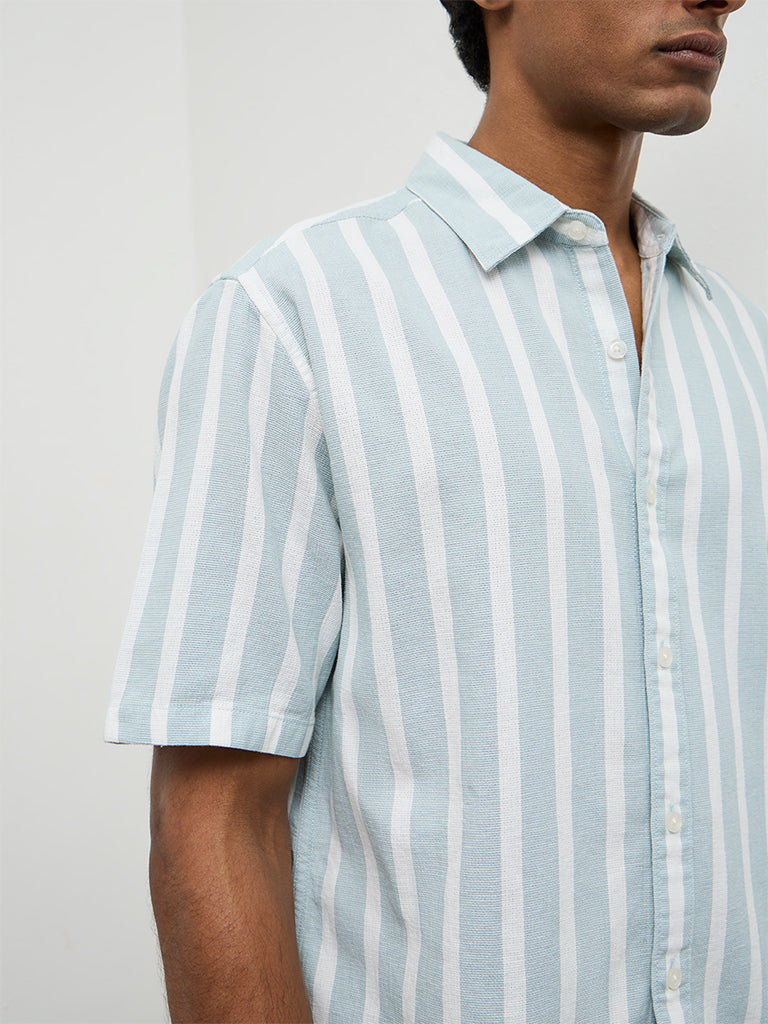 WES Casuals Light Teal Striped Relaxed-Fit Cotton Shirt