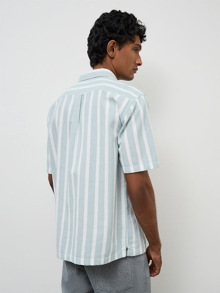 WES Casuals Light Teal Striped Relaxed-Fit Cotton Shirt