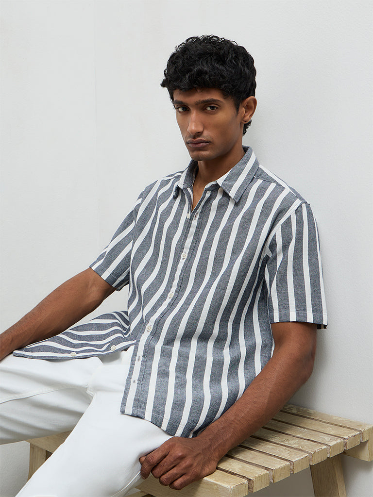 WES Casuals Navy Striped Relaxed Fit Cotton Shirt