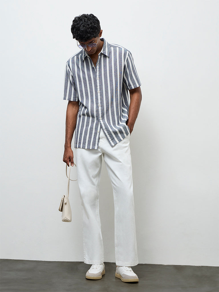 WES Casuals Navy Striped Relaxed Fit Cotton Shirt