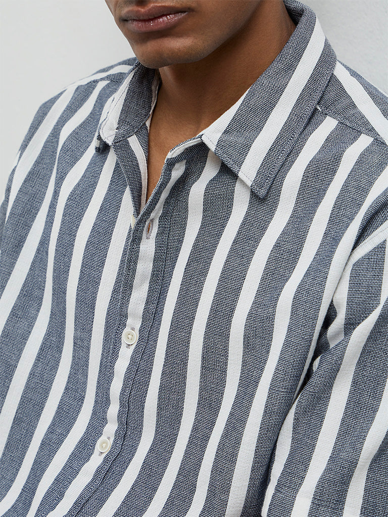 WES Casuals Navy Striped Relaxed Fit Cotton Shirt