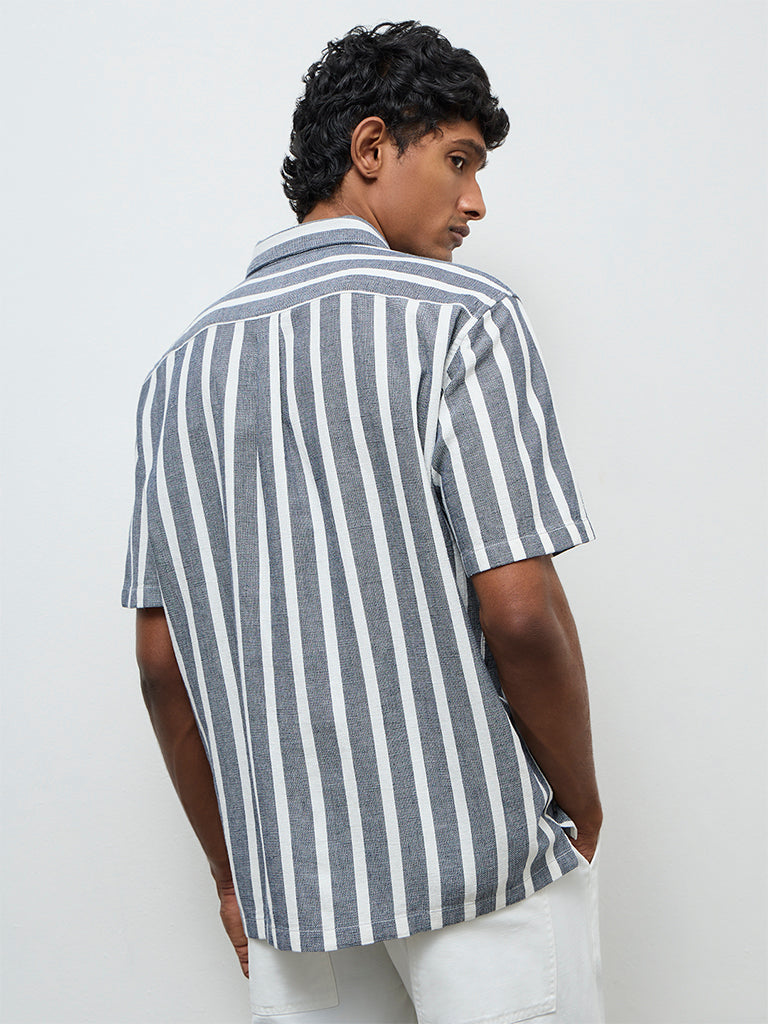 WES Casuals Navy Striped Relaxed Fit Cotton Shirt