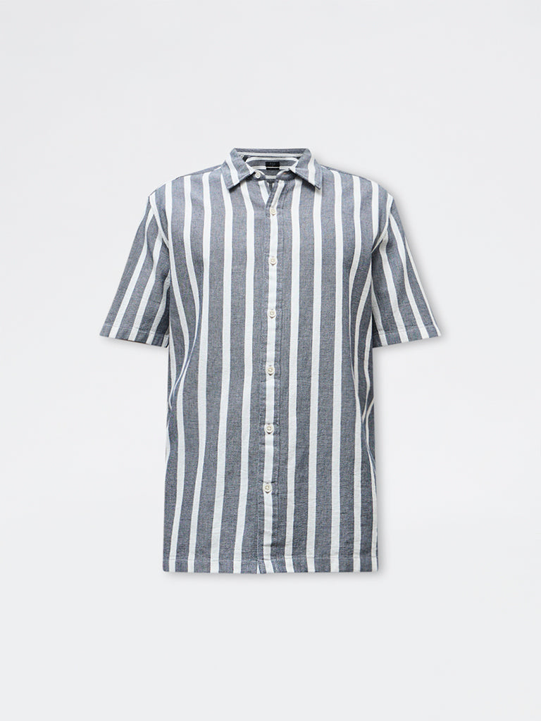 WES Casuals Navy Striped Relaxed Fit Cotton Shirt
