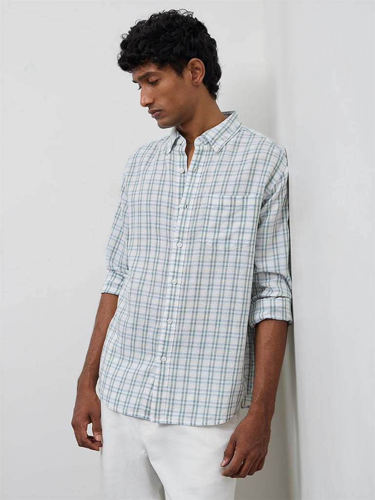 WES Casuals Off-White Checks Relaxed-Fit Cotton-Blend Shirt