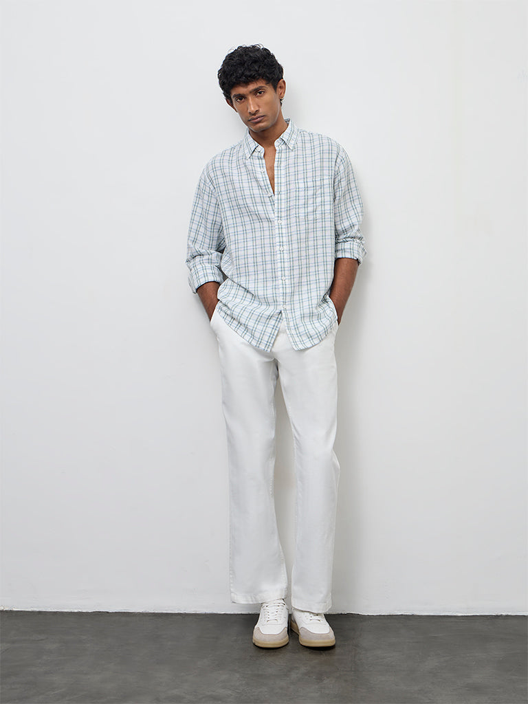 WES Casuals Off-White Checks Relaxed-Fit Cotton-Blend Shirt