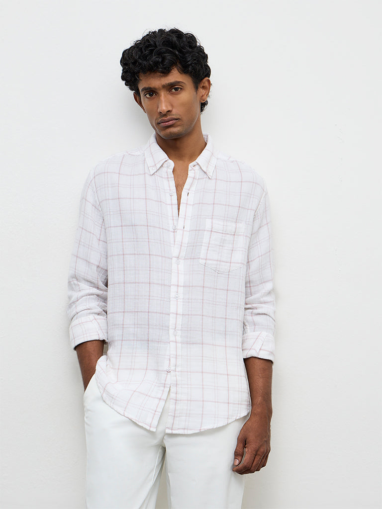 WES Casuals White Checkered Relaxed-Fit Cotton Shirt