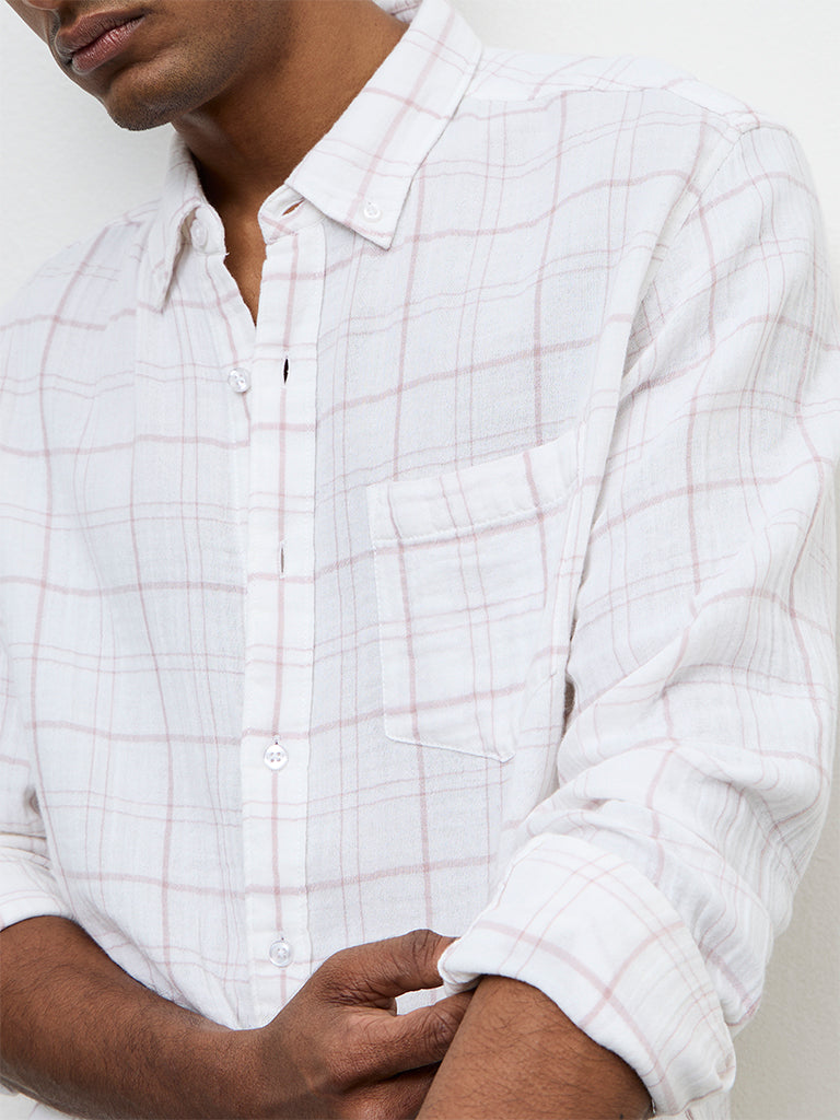 WES Casuals White Checkered Relaxed-Fit Cotton Shirt