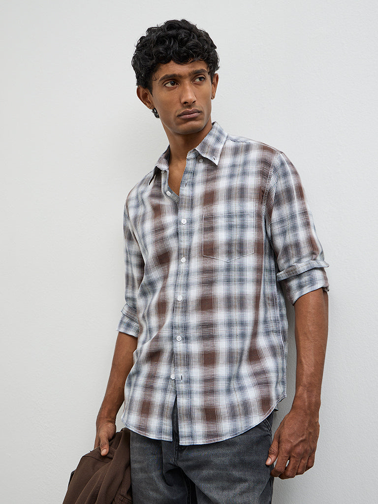 WES Casuals Brown Checkered Relaxed-Fit Cotton-Blend Shirt