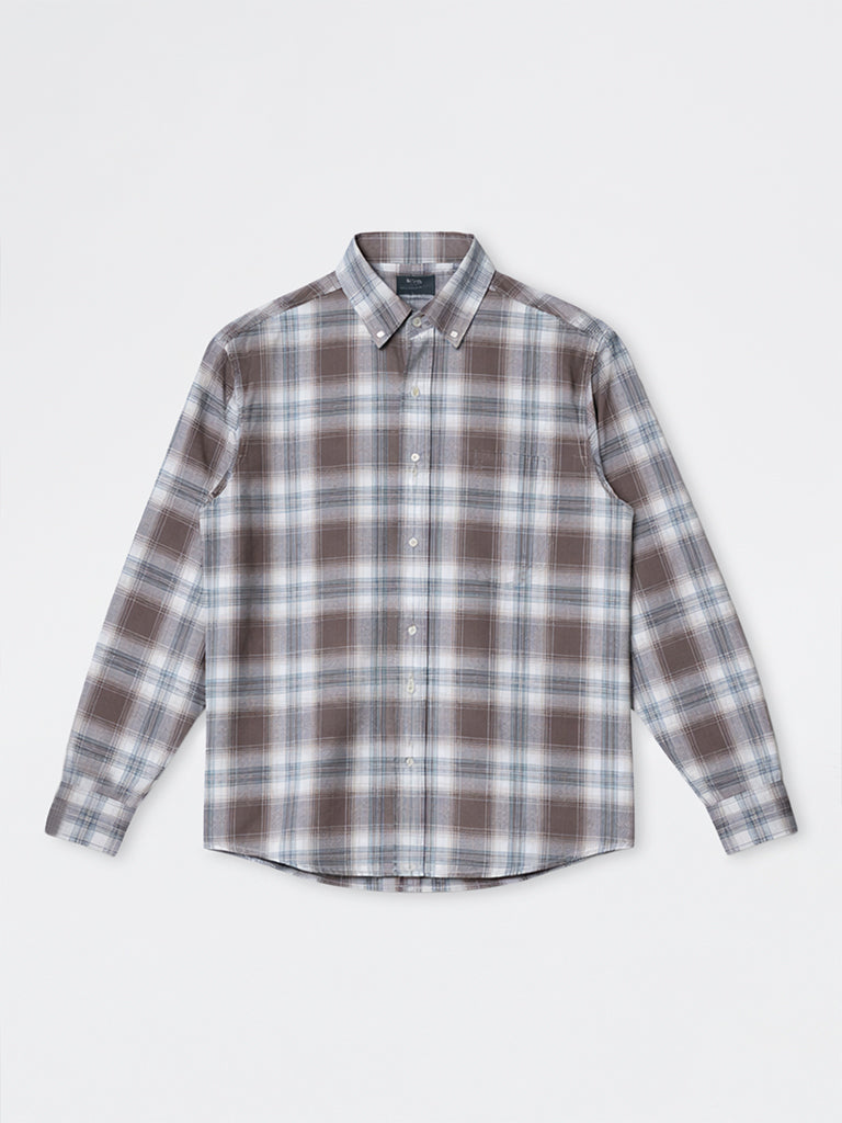 WES Casuals Brown Checkered Relaxed-Fit Cotton-Blend Shirt