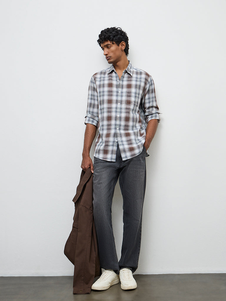 WES Casuals Brown Checkered Relaxed-Fit Cotton-Blend Shirt